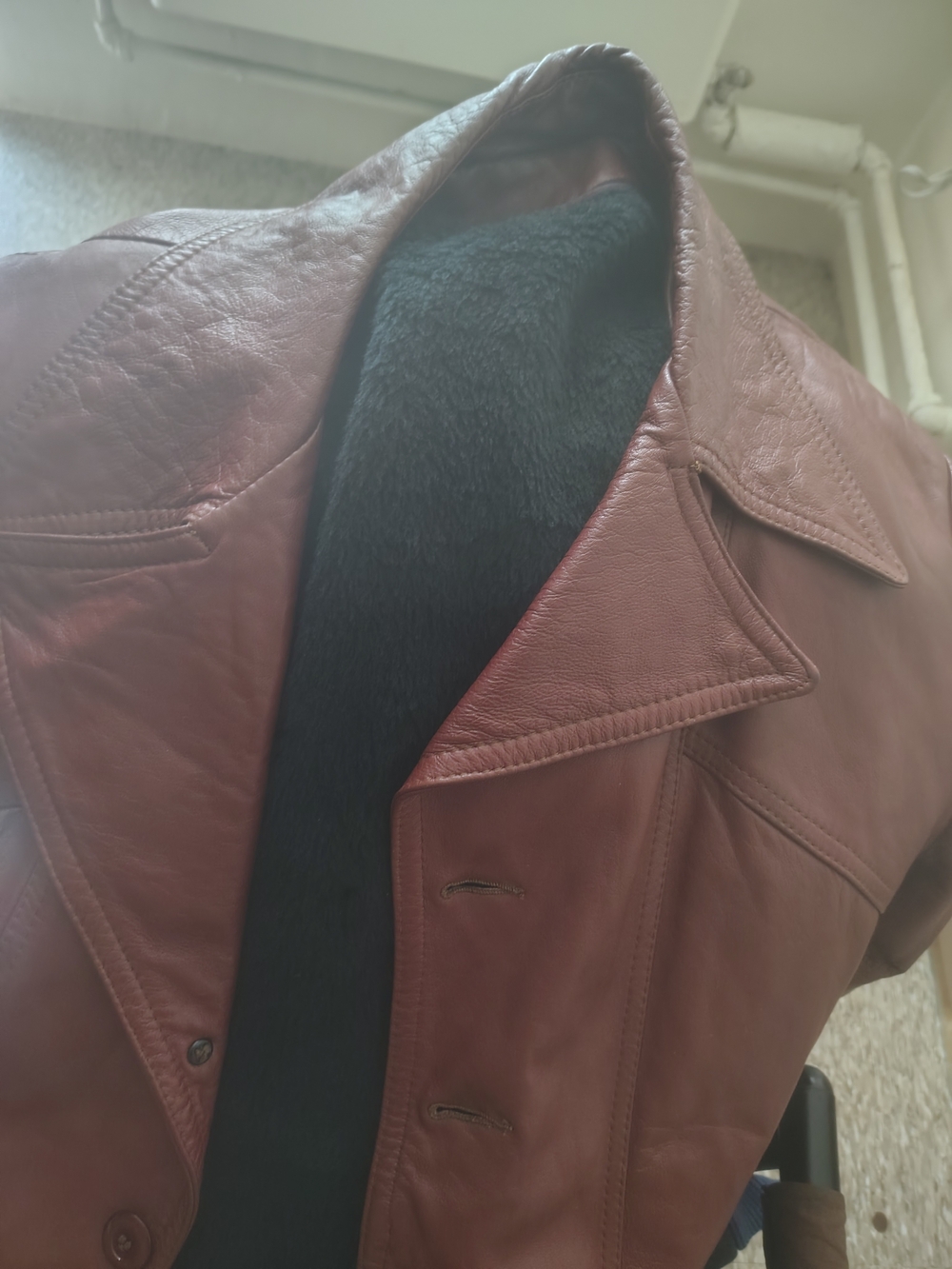 Men's Burgundy Leather Pea Coat with Black Fleece Lining